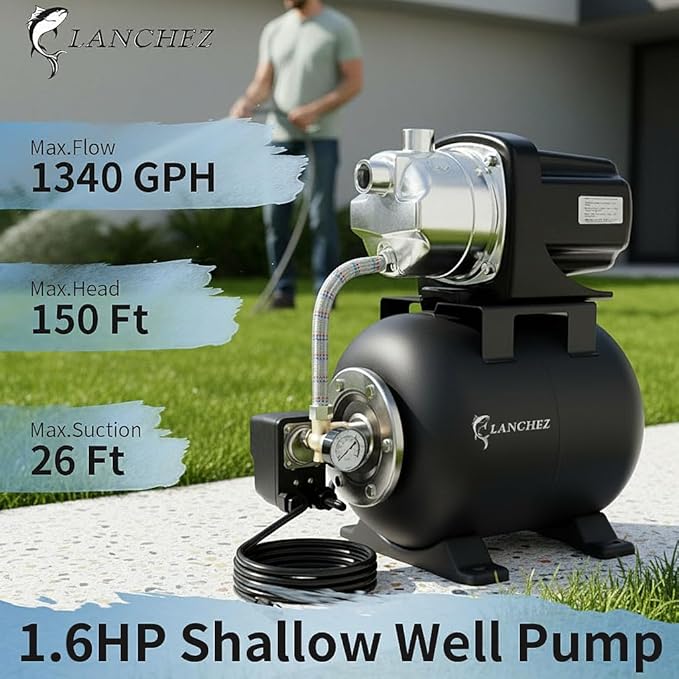 LANCHEZ 1.6HP Shallow Well Pump with Pressure Tank, 115V 1340GPH Automatic Irrigation Water Booster Jet Pump, Stainless Steel Water Transfer Pump for Home Garden Lawn Sprinkler Irrigation, Matte