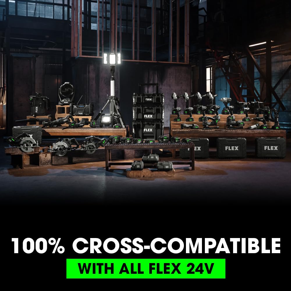 FLEX 24V Brushless Cordless 4-Tool Combo Kit: Circular Saw, Reciprocating Saw, Fixed Speed Angle Grinder, Drill Driver with 2.5 Ah, 5.0Ah Lithium Batteries and 160W Charger - FXM402-2B
