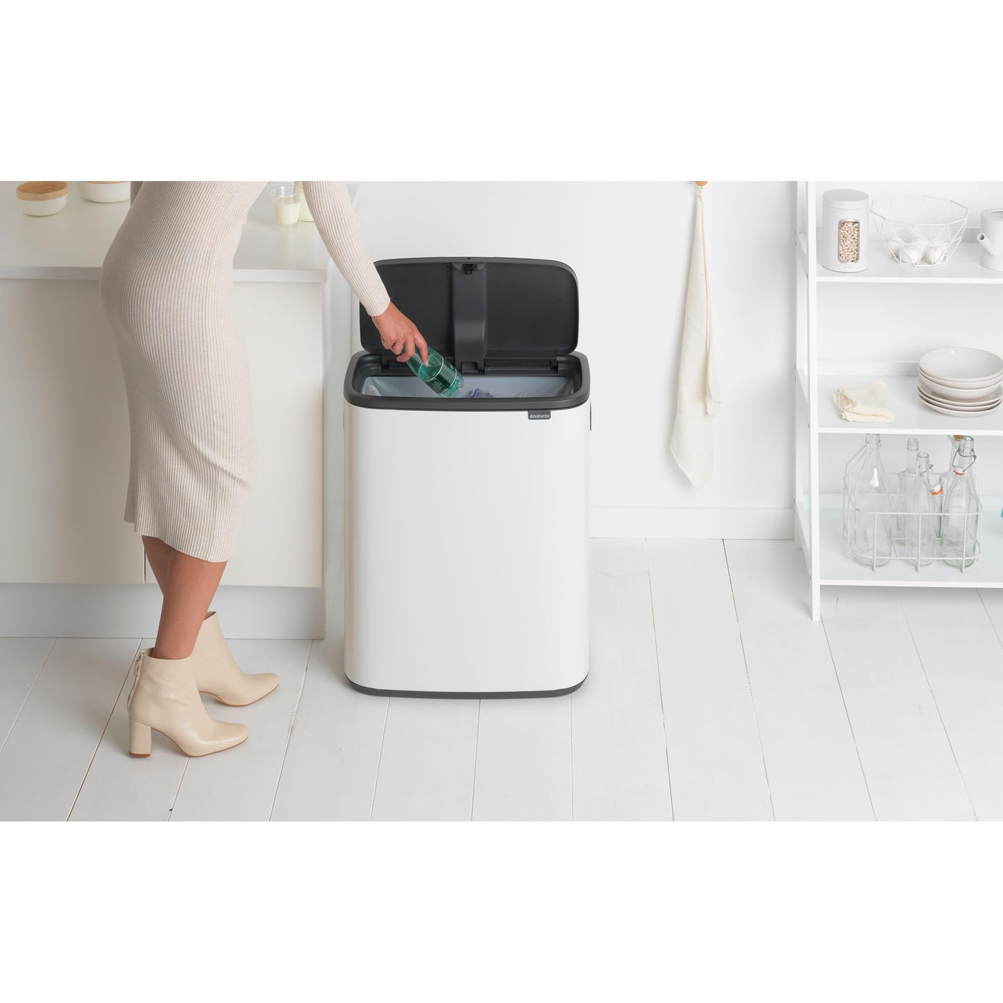 Brabantia Bo Touch Top Trash Can - 1 x 16 Gal Bucket (White) Soft Open/Close Kitchen Garbage & Recycling Can with Removable Compartment