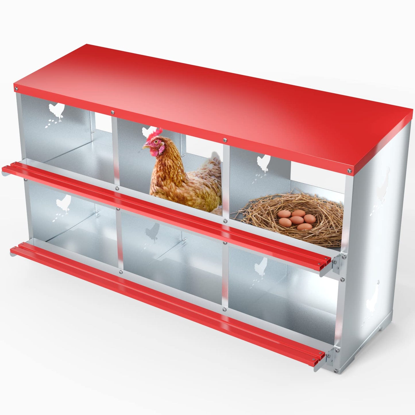 Chicken Nesting Boxes - 6 Compartment Metal Poultry Nest Box Wall Mount for Chickens, Hens, Ducks - Easy Egg Collection - Large Vented Holes Chicken Coop Equipment (6 Compartment)