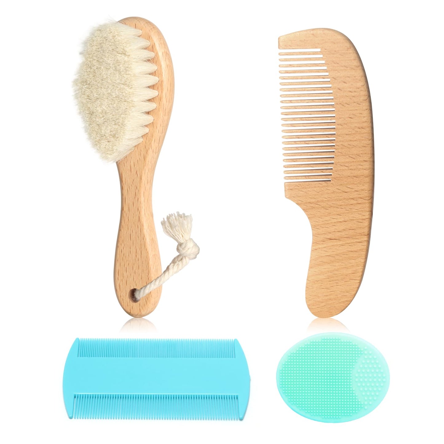 Goat Baby Hair Brush Set, Safe Natural Hair Care Kit with Wooden Soft Goat Bristles Hairbrush Comb Green Silicone Bath Brush for Newborns Toddlers (4pcs Set)