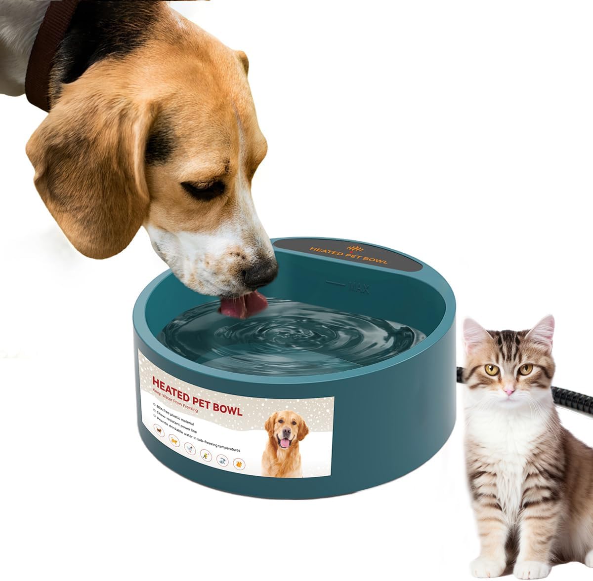Namsan Heated Water Bowl for Cats Outdoor, 2.2L, Heated Pet Bowls for Chickens Rabbits Farm Animals, Heating Dog Bowl Ice Free in Winter, Thermal-Bowls Warm Water Bird Bath Dish, Green