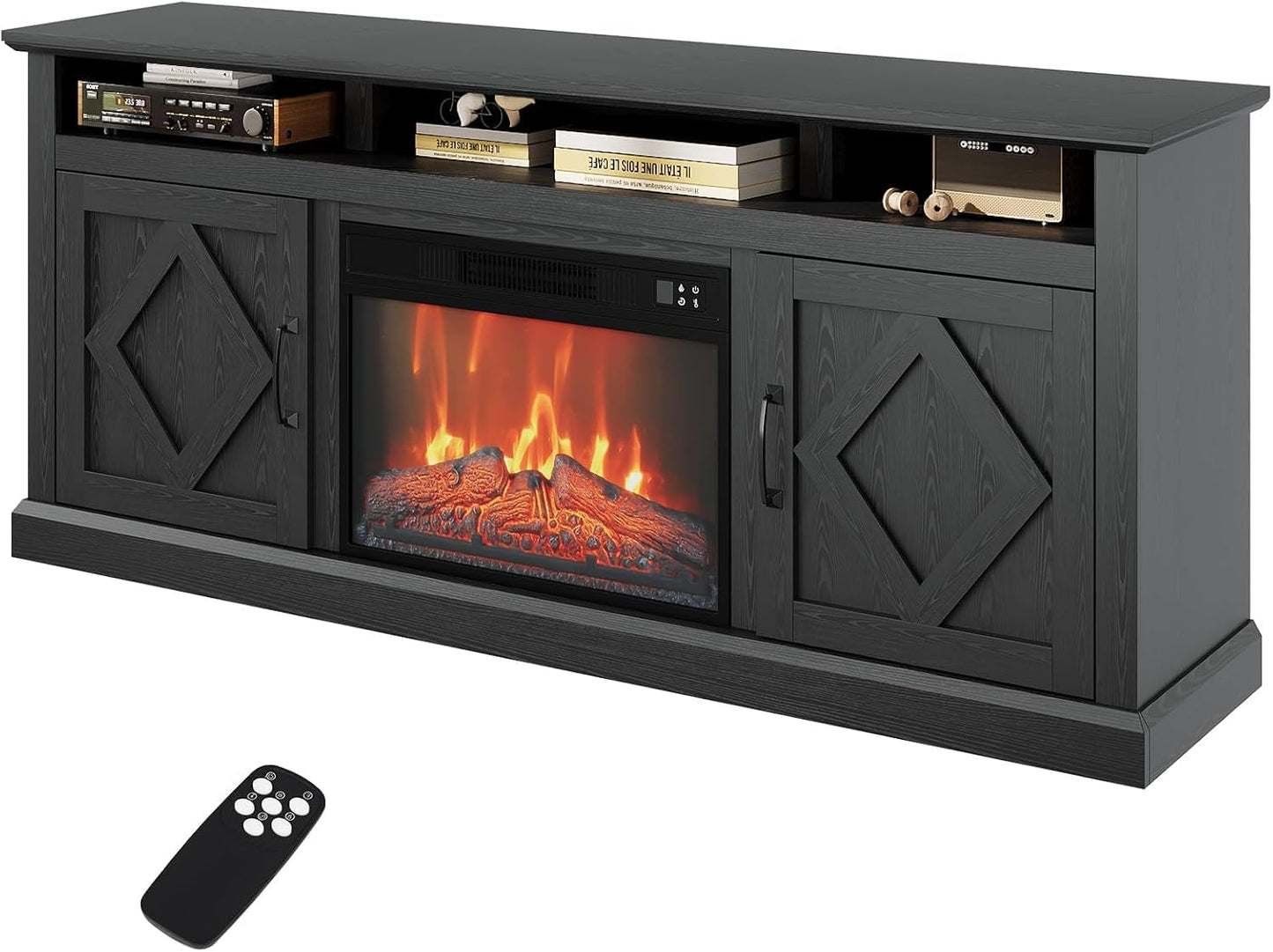 67 Inch TV Stand with Electric Fireplace, Entertainment Center with 23” Fireplace Insert, Remote Control, Adjustable Storage, Cable Management, Media Console for Living Room, Home Theater Furniture