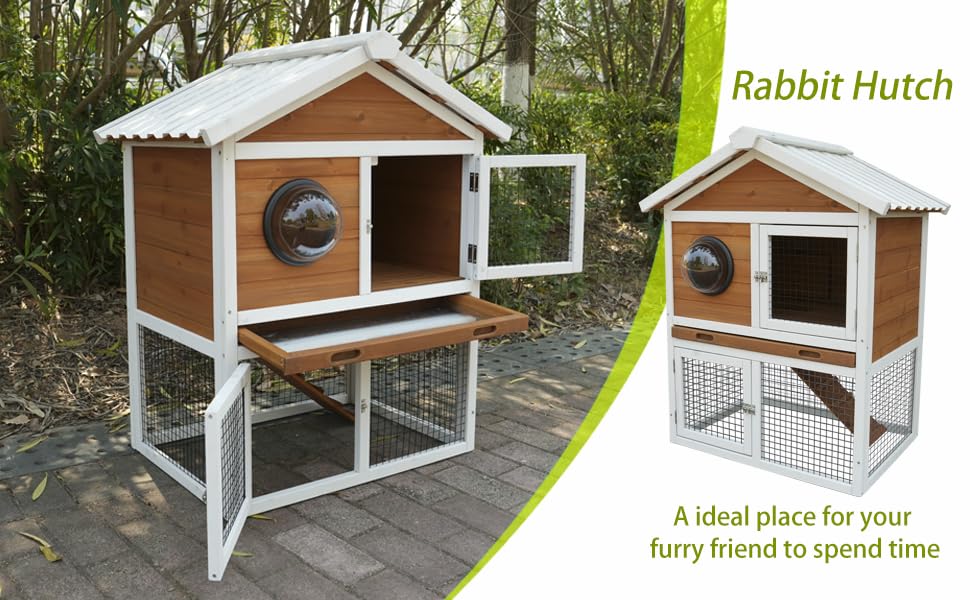 YOPTO 2-Tier Wooden Rabbit Hutch with Waterproof Roof,Outdoor Bunny Cage with Removable Pull-Out Tray,Viewing Window Design for Small Animals,Enclosure for Guinea Pigs & Hamsters,White+Red