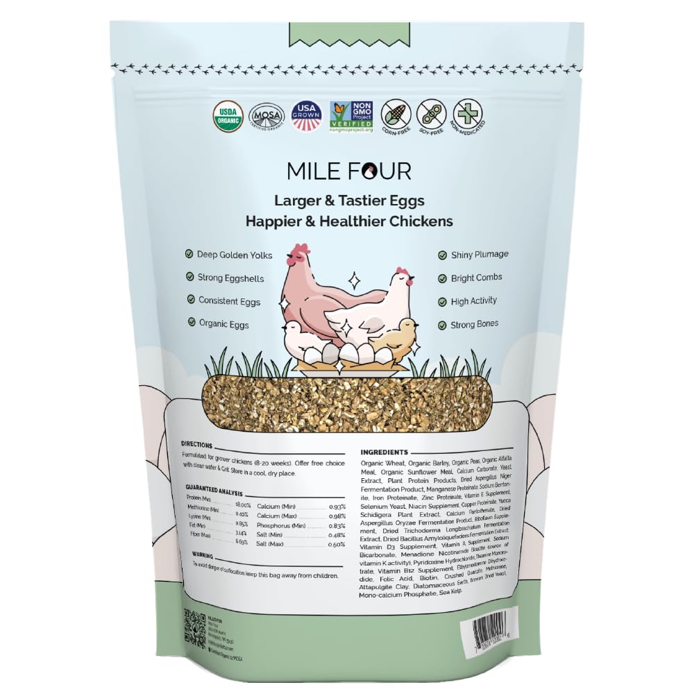 Mile Four Organic Chicken Feed – Grower Mash, Non-GMO, USA Grown, 18% Protein, Corn-Free, Soy-Free, Non-Medicated Feed for Chickens, 2 lb Sample