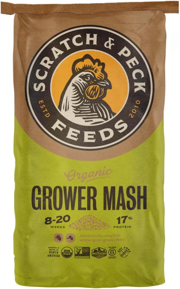 Scratch and Peck Feeds Whole Grain Grower Mash Chicken and Duck Feed - 25 lbs Bag - Corn-Free and Soy-Free - 17% Protein, Certified Organic and Non-GMO Project Verified Chicken Food