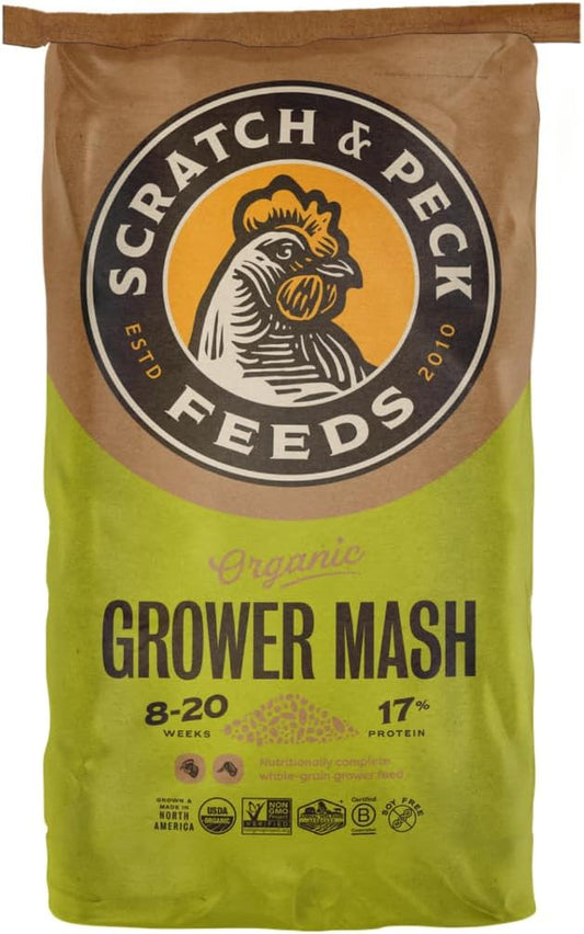 Scratch and Peck Feeds Whole Grain Grower Mash Chicken and Duck Feed - 40 lbs Bag - Corn-Free and Soy-Free - 17% Protein, Certified Organic and Non-GMO Project Verified Chicken Food