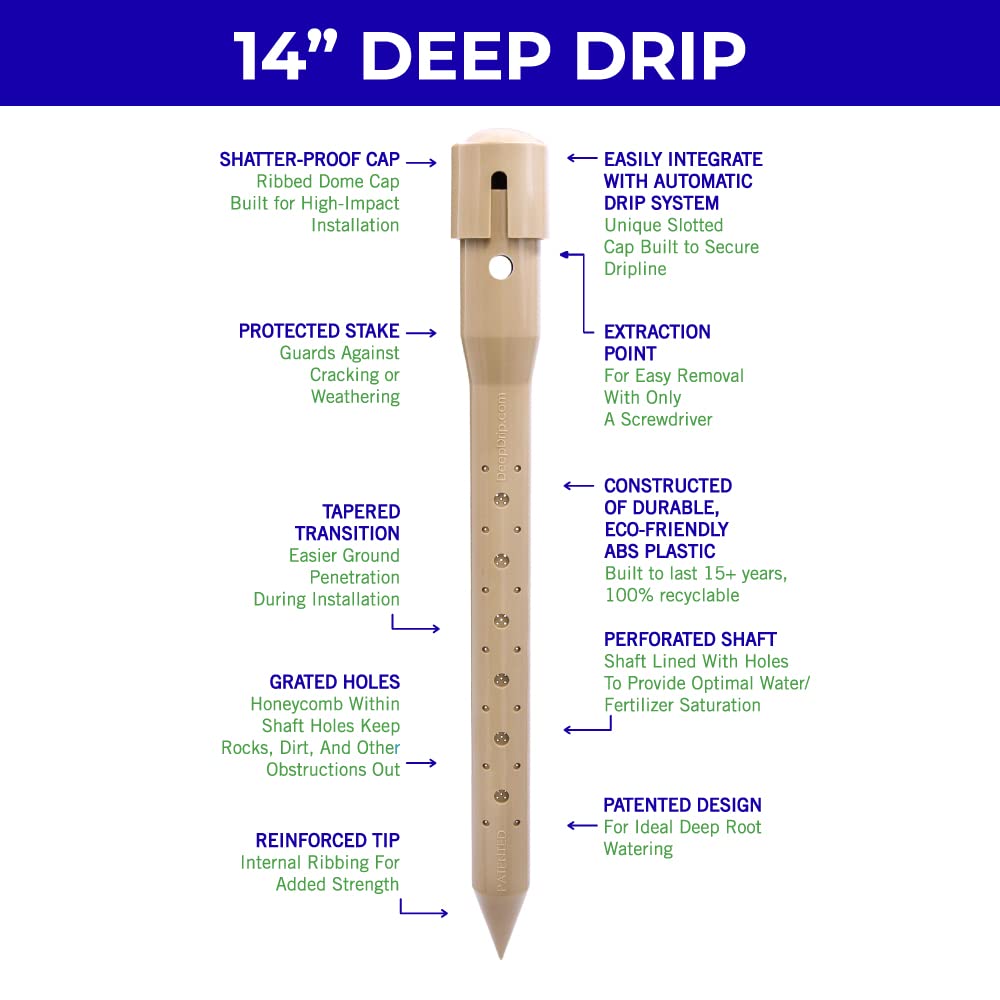 Underhill Deep Drip Irrigation Stakes 14-1/2-Inch, Case of 25 Watering Spikes for Trees and Bushes with Shallow Roots, Drip System Tubes, A-DD14-25
