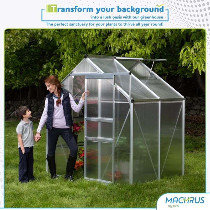 Machrus Ogrow 4 x 6 FT Walk-in Greenhouse with Sliding Door and Adjustable Roof Vent with Gardening Tool Set Included