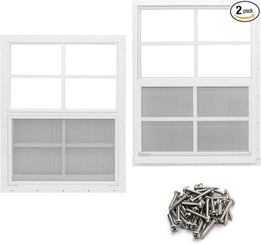 NeatiEase 2 Pack Shed Window, 24" x 36" Flush Mount Window with Tempered Glass and Fiberglass Screen for Shed, Chicken Coop, Playhouse, Household, Garage