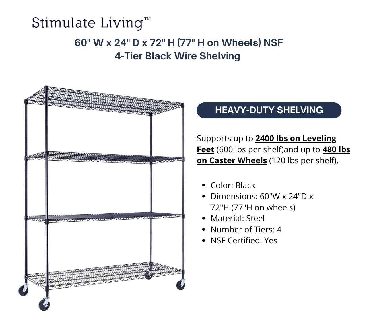 60"x24"x72" PRIME HEAVY DUTY Black 4-Tier Wire Shelving NSF 2400 LBS MAX Capacity Storage Rack for Commercial, School, Home, Garage, Warehouse, Industrial, and Hospital Uses (with Wheels)