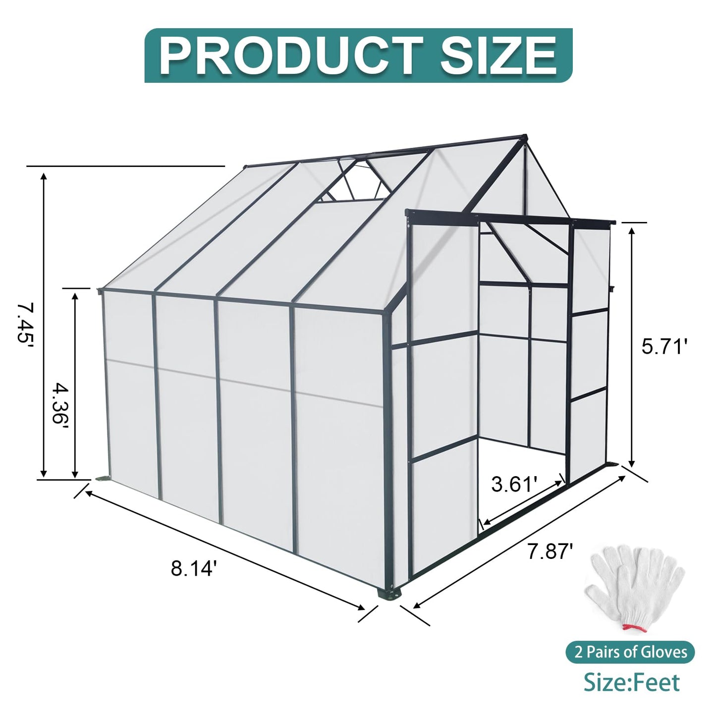 Ball & Cast 8X8 FT Greenhouse for Outdoors,Double Sliding Door Polycarbonate Raised Plant Base with Drainage System & Galvanized Frame,Backyard Anchor Aluminum Heavy Duty Walk-in Green Houses,Black