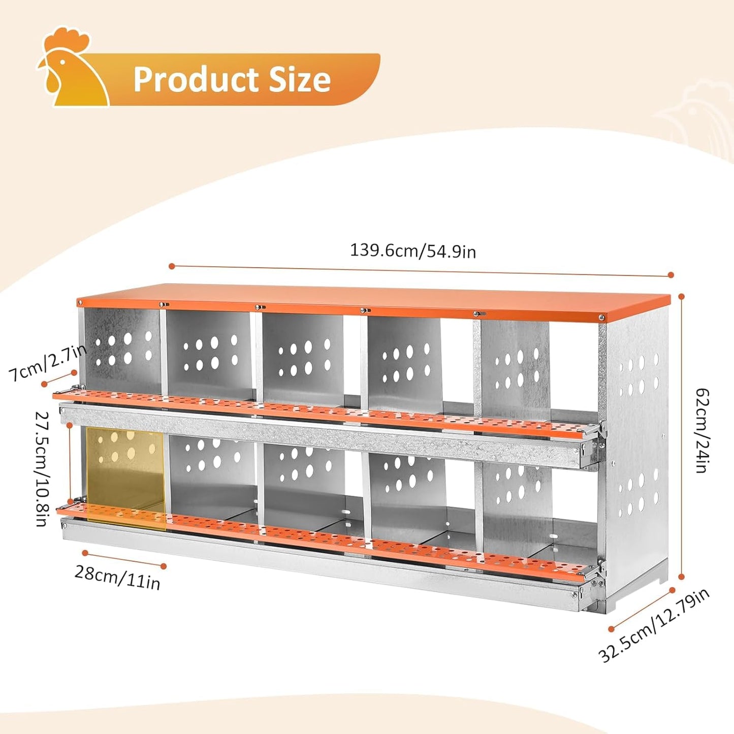 FuzzlyCo Chicken Nesting Box, 10 Compartment Nesting Boxes for Chicken Laying Eggs, Metal Chicken Laying Boxes with Roll Away Egg Collection, Heavy Duty Chicken Coop Nest Box