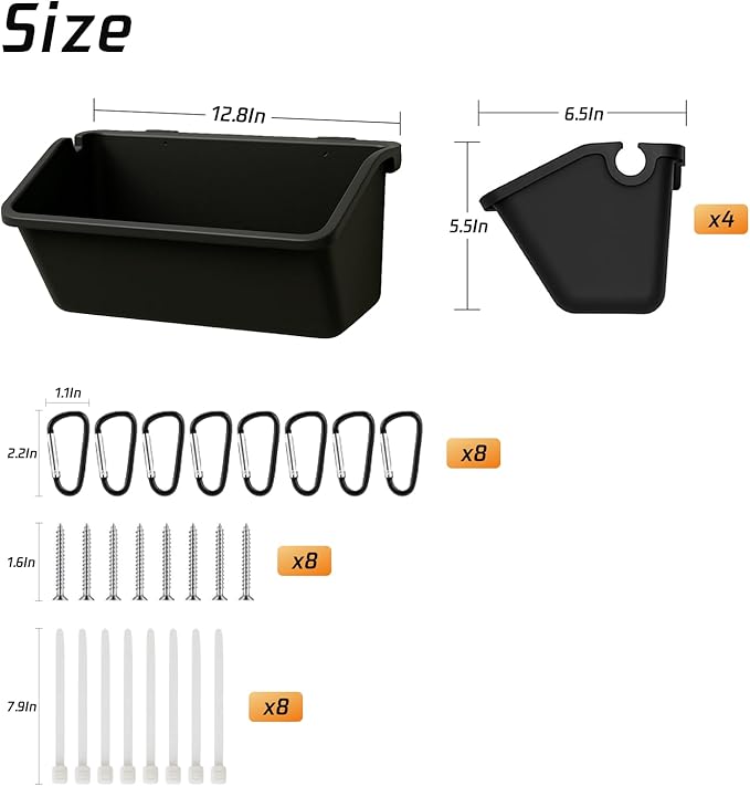 Hanging Chicken Feeder Troughs (4 Pack, 5 Qt) – Durable Black Plastic Poultry Feed & Water Buckets with Metal D‑Clips, Multi‑Animal Goat, Sheep, Duck, Pig, Horse, Chicken Coop Feeder