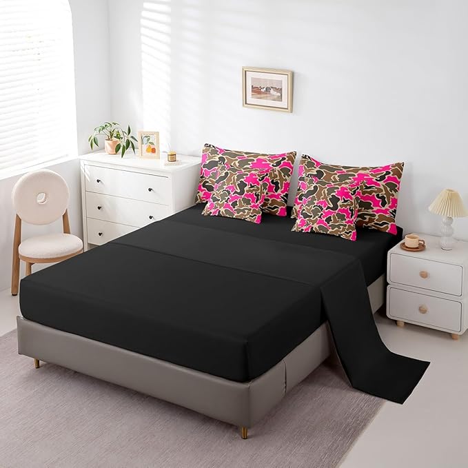 Feelyou Duck Hunter Hot Pink Camouflage Hunting 7 Pieces Bedding Set, King Size Black Brown All Season,Bed in a Bag with Comforter, Sheets, Pillowcases Camo Army Bed Set Breathable Wild Room Decor