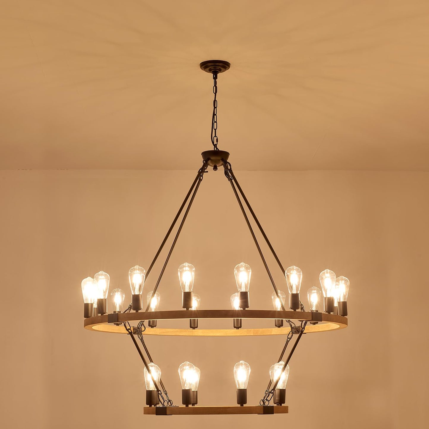 brfaixla 2-Tiers Natural Wagon Wheel Wood Chandelier Farmhouse 24-Light(16+8) 43.34’’, Black Metal Chandeliers 2-Story Rustic Light Fixtures for High Ceiling Living Dining Room Foyer