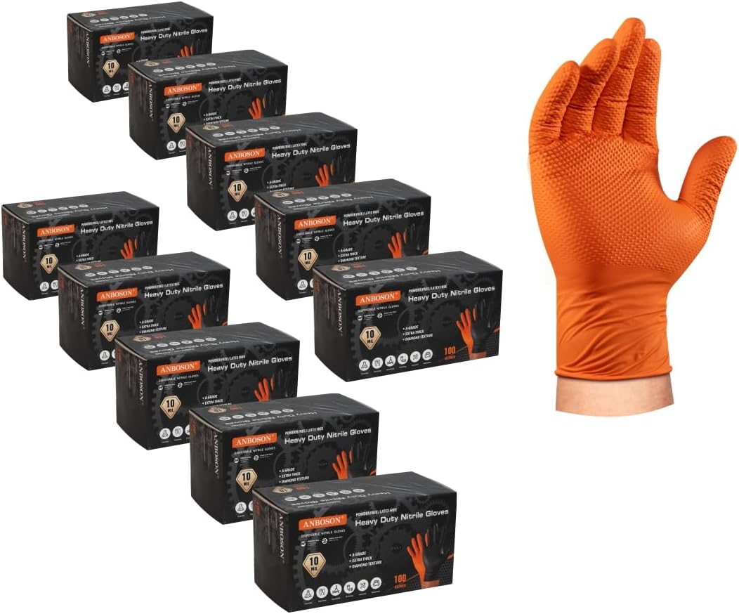 ANBOSON 10 Mil Nitrile Disposable Gloves Heavy Duty Mechanic Gloves Raised Diamond Texture Thick (Orange of 1000, Large)