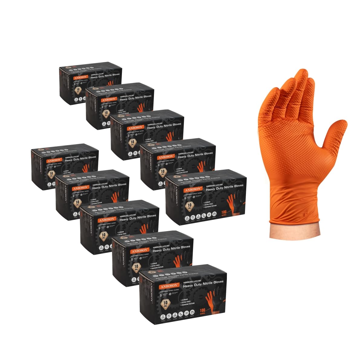 ANBOSON 10 Mil Nitrile Disposable Gloves Heavy Duty Mechanic Gloves Raised Diamond Texture Thick (Orange of 1000, Large)