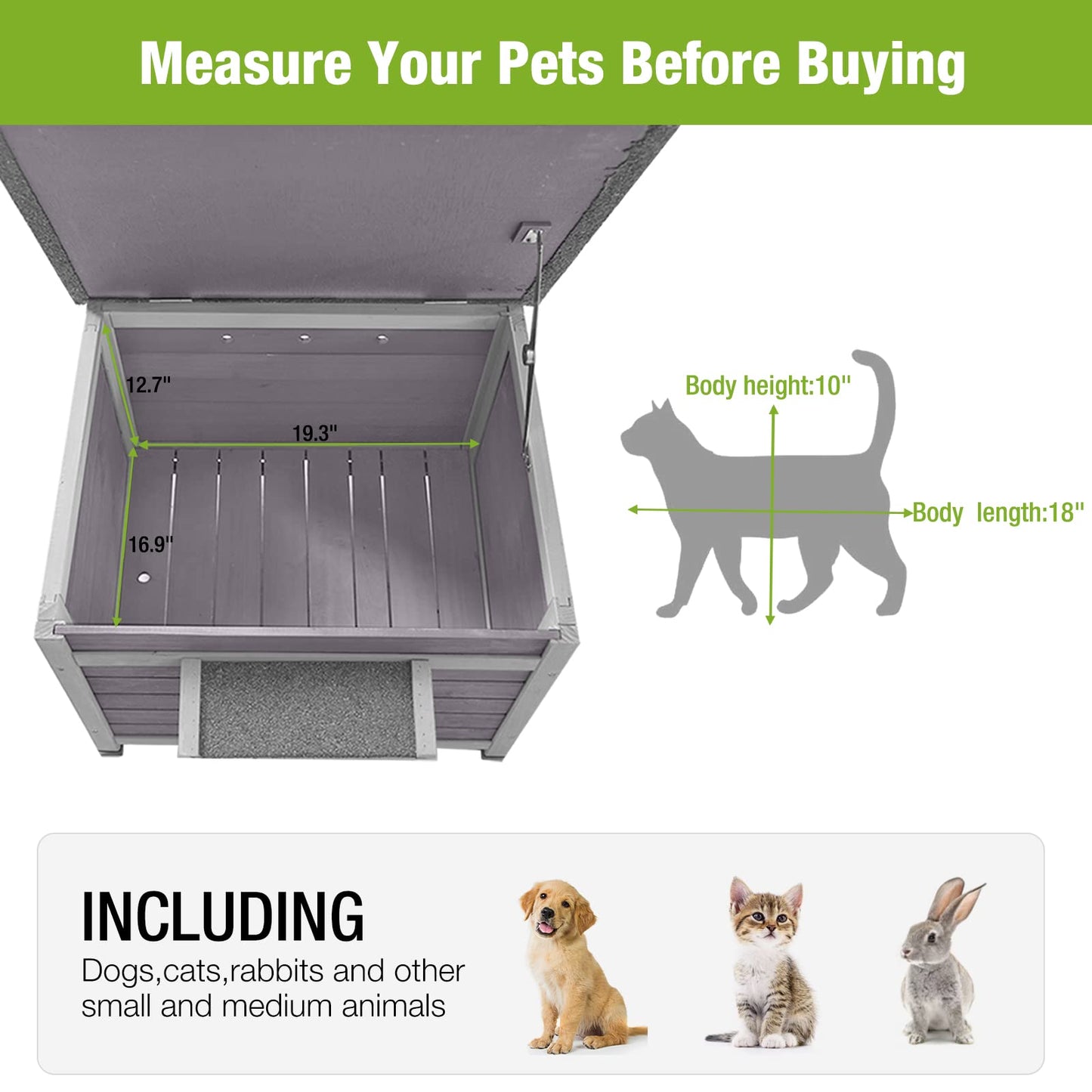 Outdoor Feral Cat House Weatherproof, Small Wooden Rabbit Hutch Bunny Cage Indoor-PVC Door Flaps