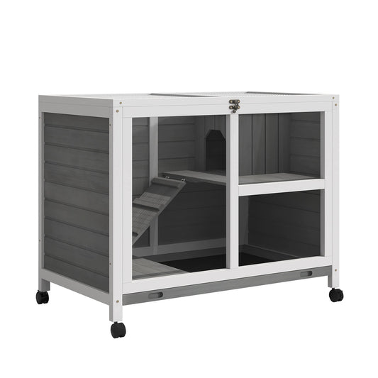 PawHut Rabbit Hutch with Wheels, Desk and Side Table Sized, Wooden Rabbit Cage, Waterproof Small Bunny Cage with Removable Tray, Openable Roof, for Indoor & Outdoor, Gray