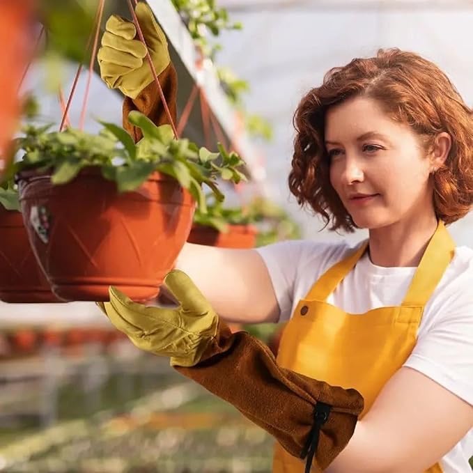 Long Gardening Gloves for Thorn Proof,Rose Pruning Cowhide Leather Garden Gloves for Cactus, Rose and Blackberry