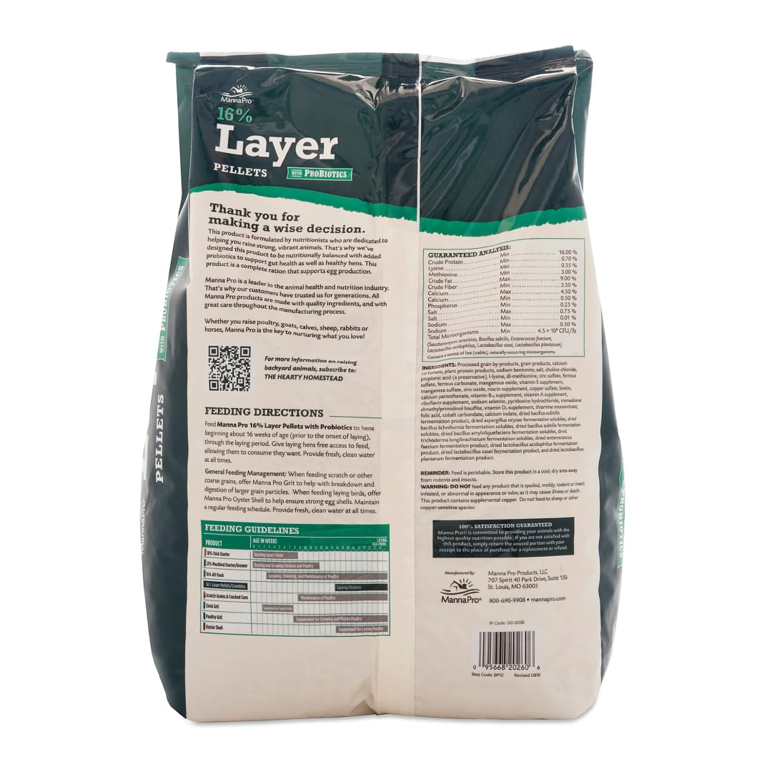 Manna Pro Layer Pellets Chicken Feed, 16% Protein Complete Feed for Laying Hens with Probiotics for Digestive Health, Nutrient-Rich Chicken Food Pellets for Egg Production, Made in USA, 8 lb Bag