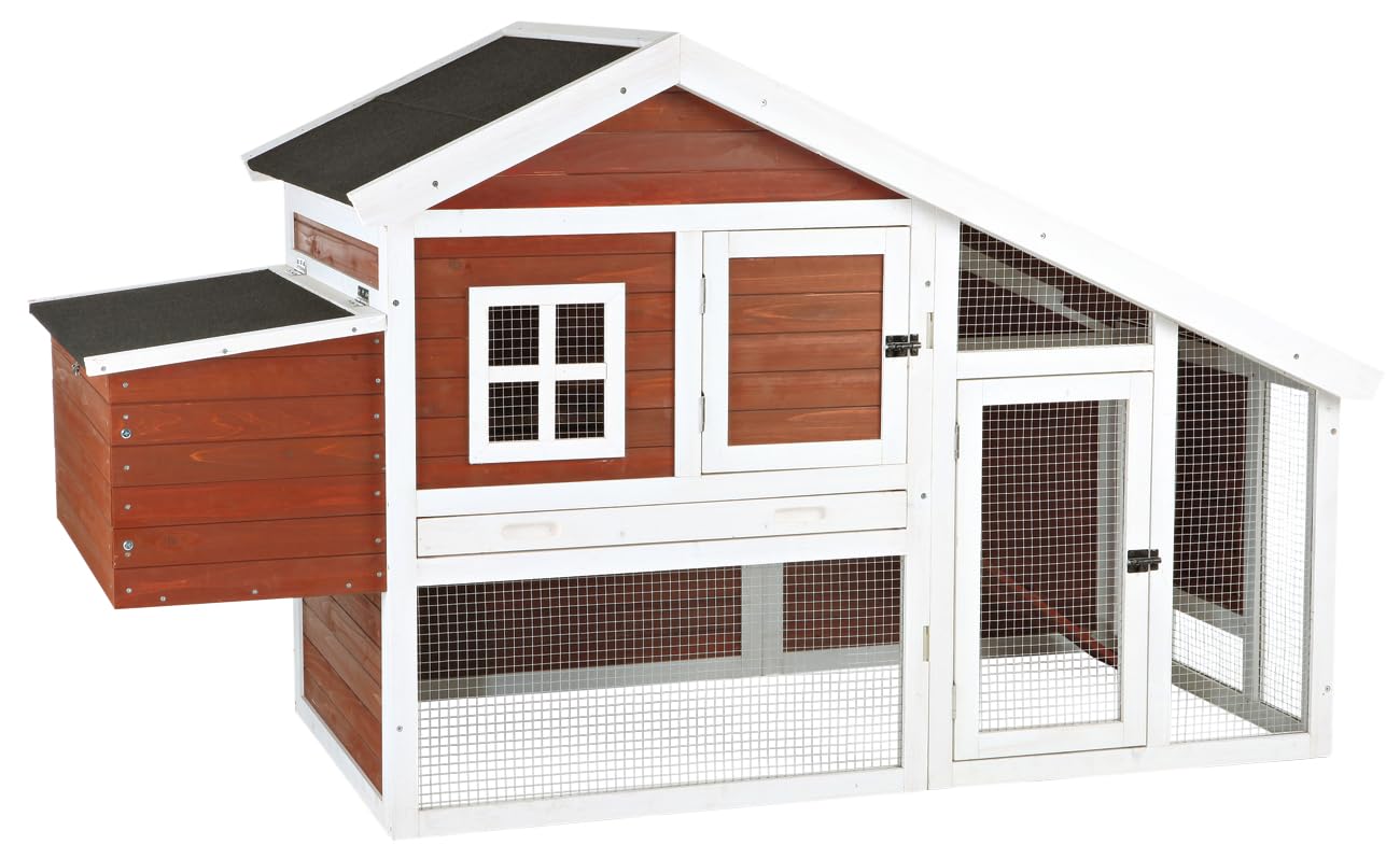 TRIXIE Natura Chicken Coop with Outdoor Run – Outdoor Hen House with Two Nesting Boxes – Easy to Clean Chicken Pen, Pull-Out Plastic Tub Included – in Brown