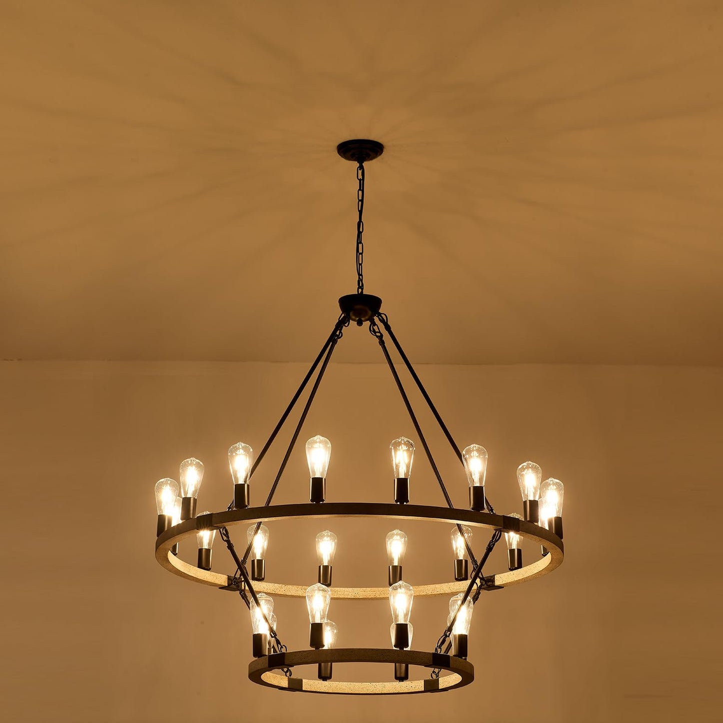 brfaixla 2-Tiers Wagon Wheel Chandelier Wooden Farmhouse 24-Light(16+8) 43.34'' Cream Colored, Black Metal Pendant Chandeliers 2 Story Rustic Light Fixtures Industrial for High Ceiling Living Foyer