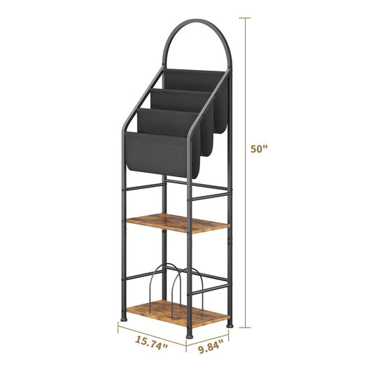 Leadpro Bookshelf with 3 Tier Vinyl Holder Display Shelf, Record Storage Organizer Rack Cabinet for Book Magazine, Tall Industrial Open Book Shelves with Metal Frame for Living Room (Rustic Brown)