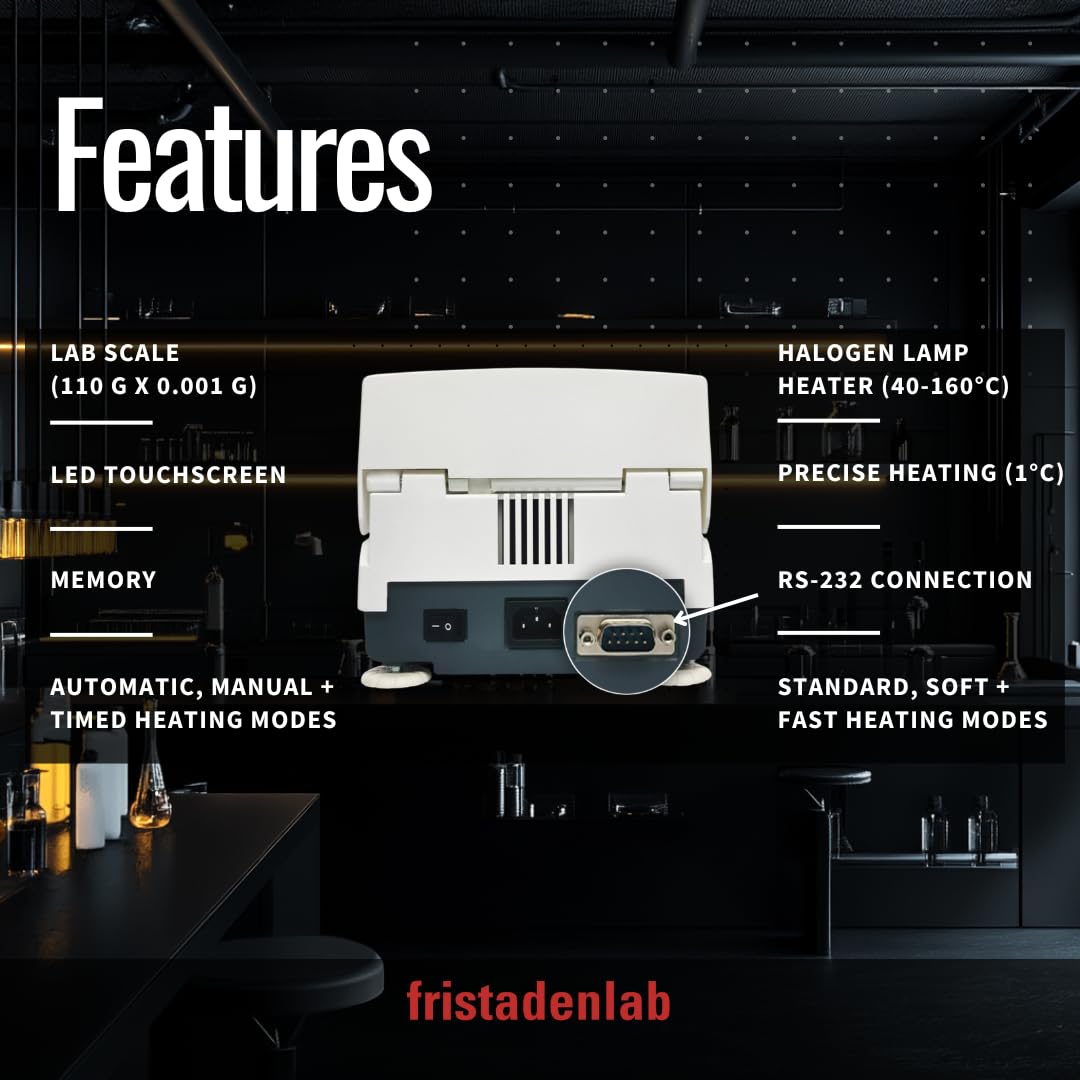 Fristaden Lab Halogen Moisture Analyzer | USA Company | 0.01% Moisture Content Readability | 100 g x 0.001 g Balance + Halogen Lamp