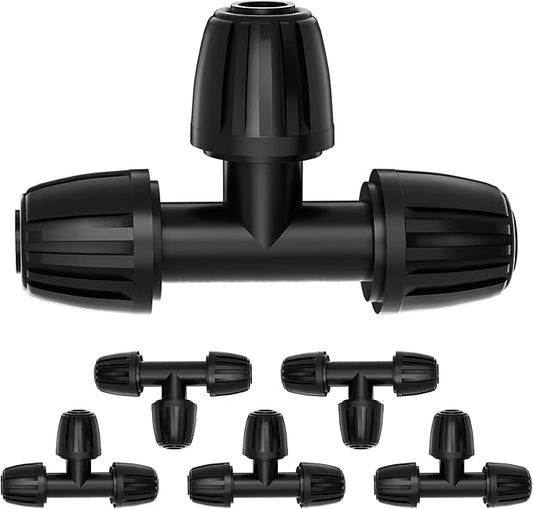 Bonviee 6 Pack 1/2 Inch Drip Irrigation Tee Connectors, Barbed Lock Fittings for 1/2” Tubing, Leak-Proof 3-Way Coupler for Garden Hose, Drip System Repair & Extension