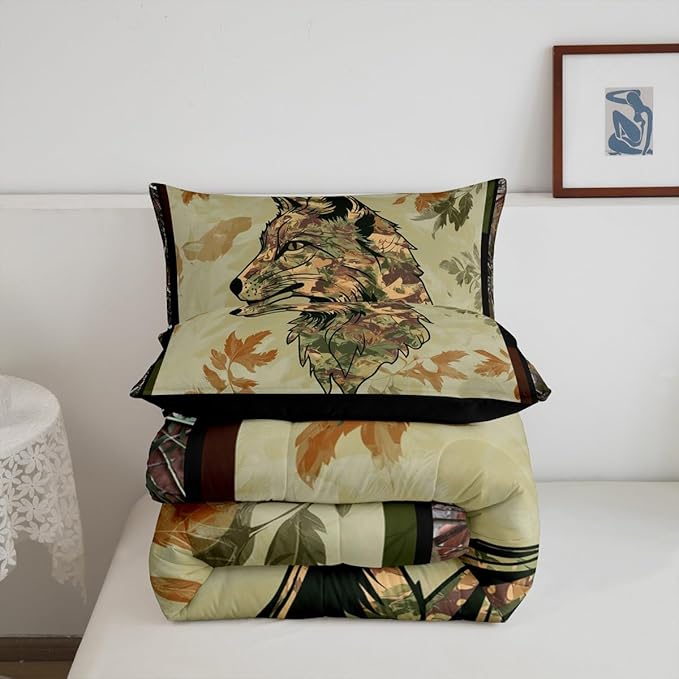 Wolf Bedding Set Twin For Boys Woodland Camo Hunting Comforter Set Army Green Tree Branches Camouflage Wild Animal Quilt Comforter For Adults Men,Botanical Leaves Rustic Duvet 1 Pillow Case