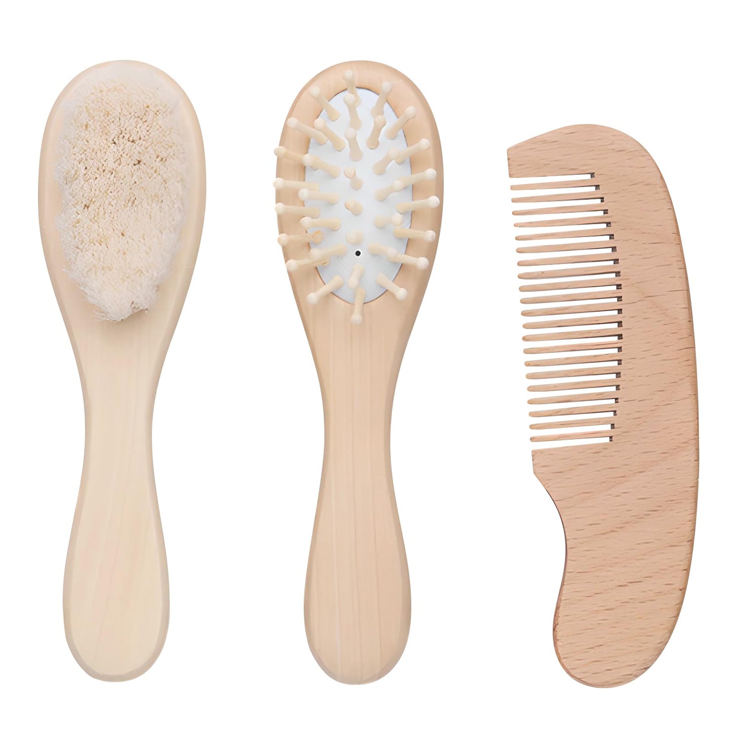 Jaasuee Baby Bath Grooming Kit Natural Wooden Hairbrush with Gentle Goat Bristles, Pear Wood Comb, and Soothing Massage Brush for Babies, Toddlers, and Kids