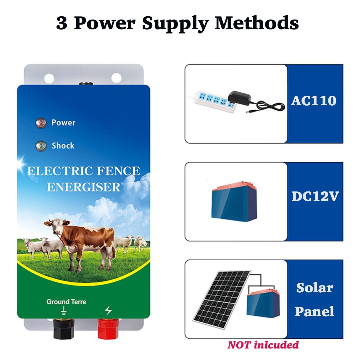 6 Mile Electronic Fence Charger, DC/AC/Solar Electric Fence Energizer, VQP 8KV 12KV 2J Output with LED Display for Large Wildlife Cattle Horses Goats Livestock Poultry Garden Orchard Ranch