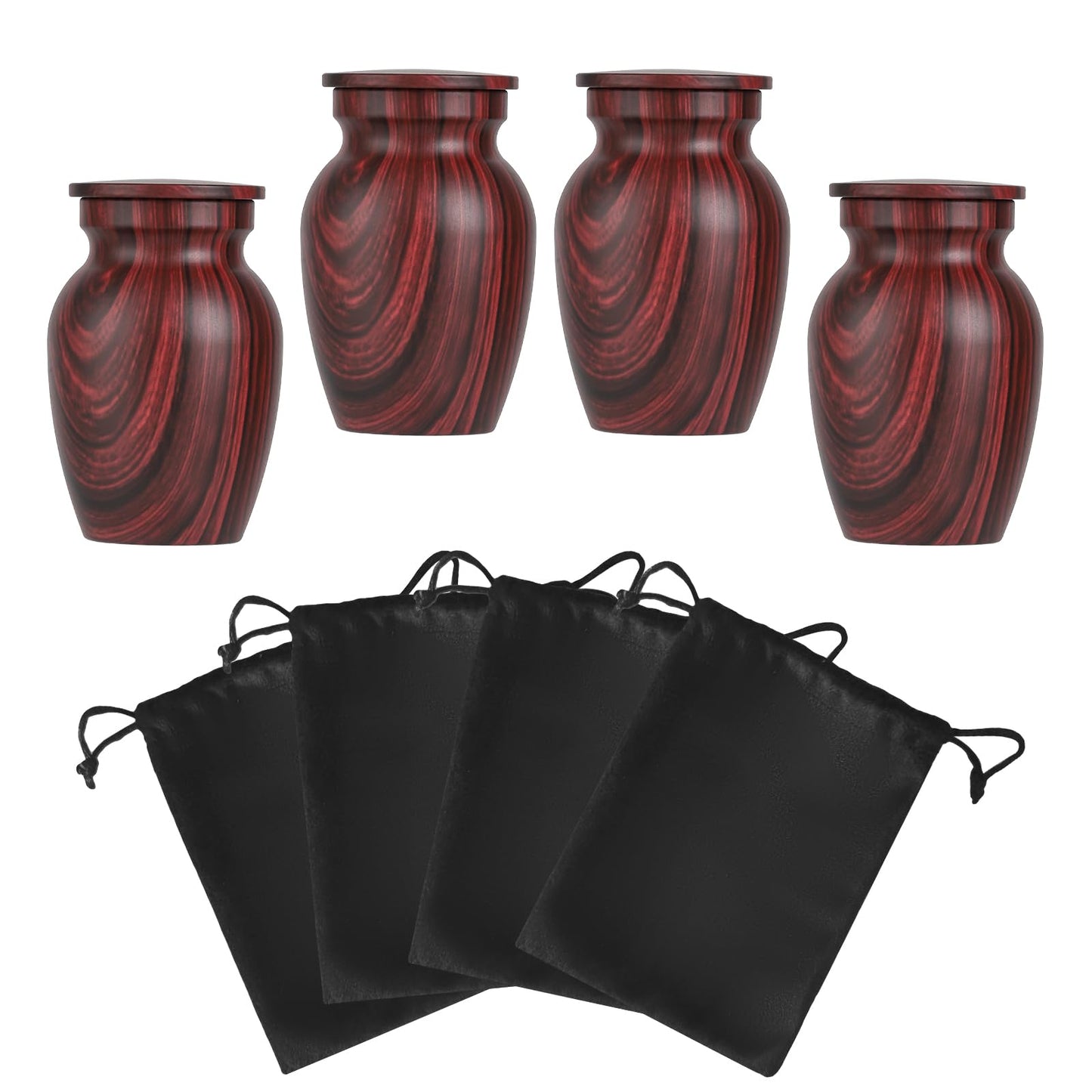 Small Urns for Human Ashes, Red Rosewood Grain Finish Metal Keepsake Mini Urn Set of 4, Handcrafted Sharing Memorial Decorative Urn - Recycled Cast Aluminum