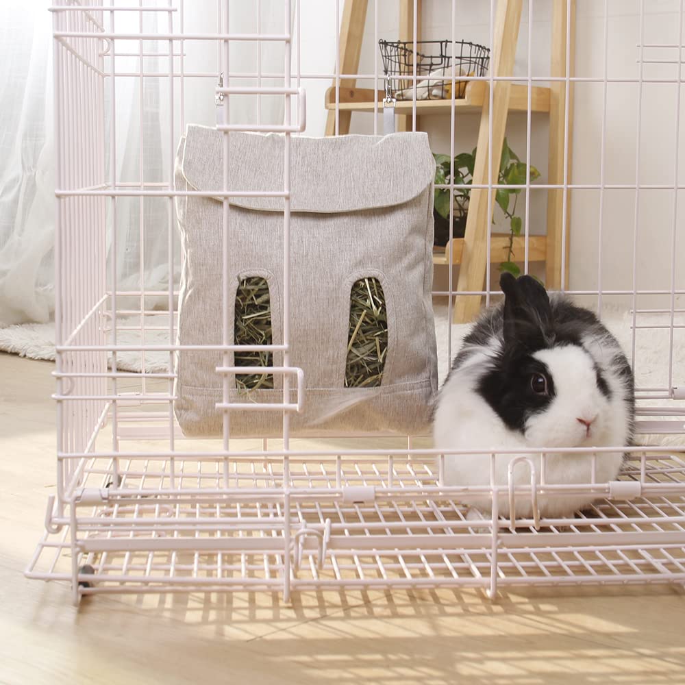 Rabbit Hay Feeder Bag, Guinea Pig Hay Feeder Storage,Sack Hay Bag Feeding Bag Storage for Chinchilla Hamsters Rabbit Guinea Pig Small Animals (L, Grey)