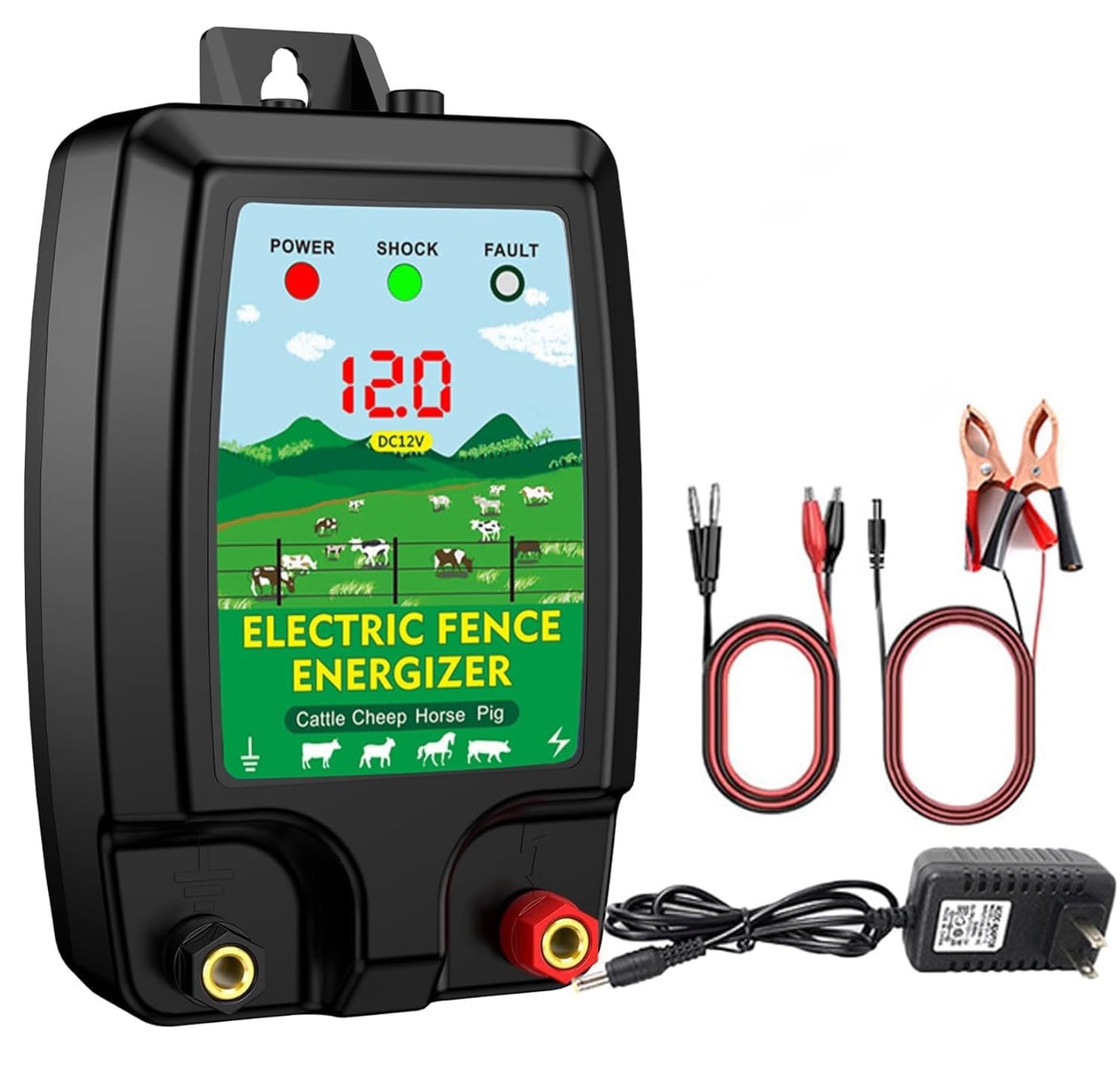 2 Joule Electric Fence Charger, 12KV Electric Fence Energizer, LED Display, AC 110V or DC 12V Power for Livestock Poultry Pets Farm Pasture Garden Ranch Orchard