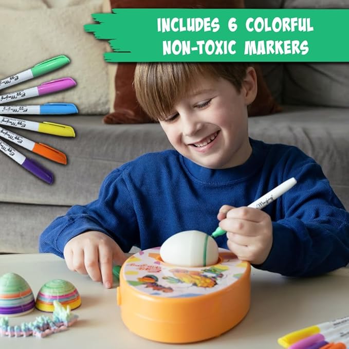 The Eggmazing Egg Decorator Dragon Egg Kit Arts and Crafts Set - Includes Egg Decorating Spinner, 6 Markers, and 2 Dragon Eggs with 3D Printed Dragons Inside | Ages 3 and Up