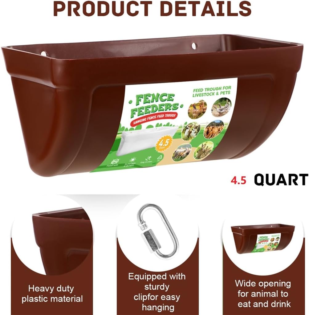 Chicken Feeder 2pcs Goat Feeders with Clips Hanging Fence Poultry Feeding Equipment Chicken Trough Plastic Feeding Container for Poultry Livestock 4.5 Quart