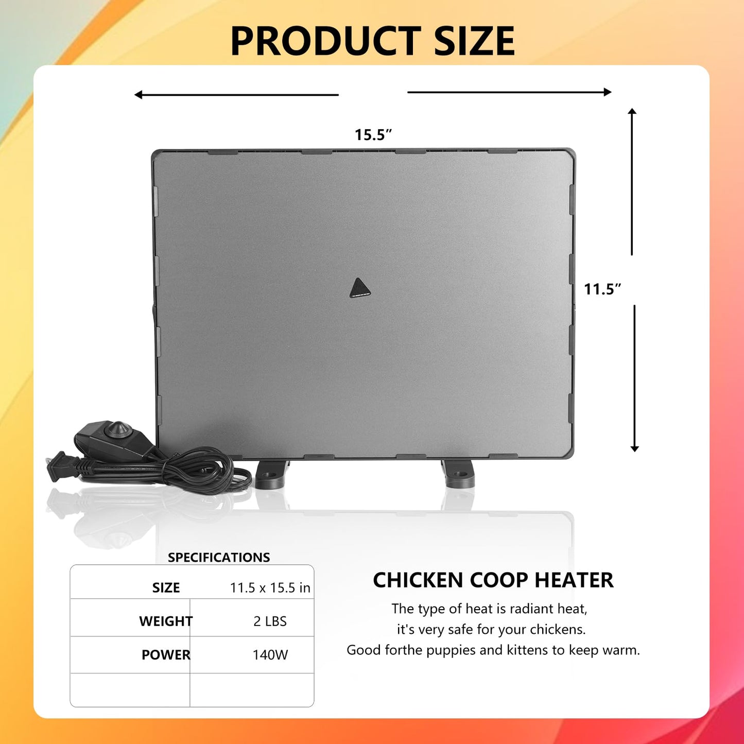 Chicken Coop Heater for Winter, Safe 140W Radiant Heat Panel with ETL Certification, Quiet & Light-Free Design, Ideal for Chicken Coops, Small Pets, and Under Desk Use