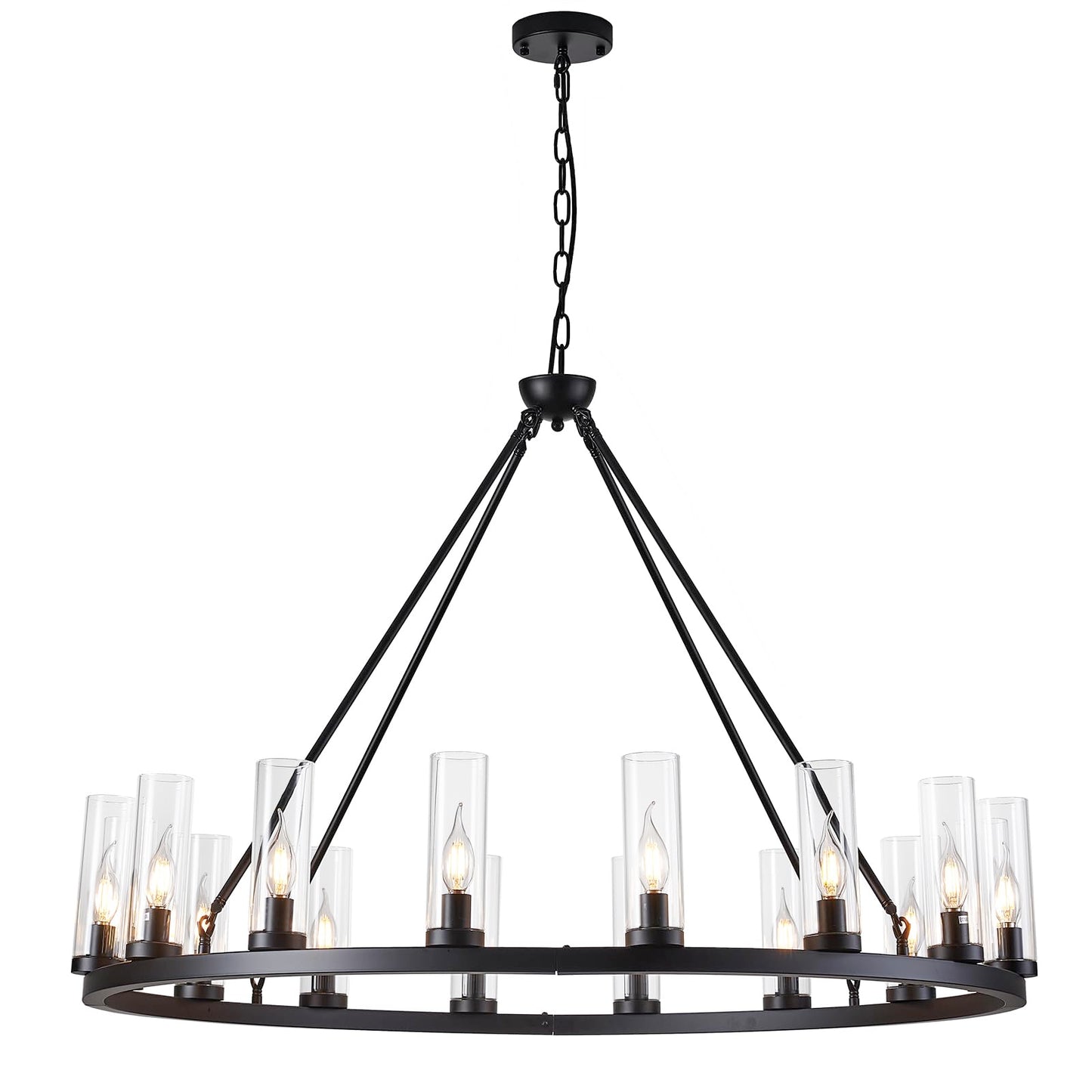Uboxin Rustic Industrial Farmhouse 16-Light Chandelier Black Metal Wheel Round Pendant Ceiling Light Fixture with Clear Glass Shades Vintage Lighting for Dining Room Living Room Modern Home Lighting