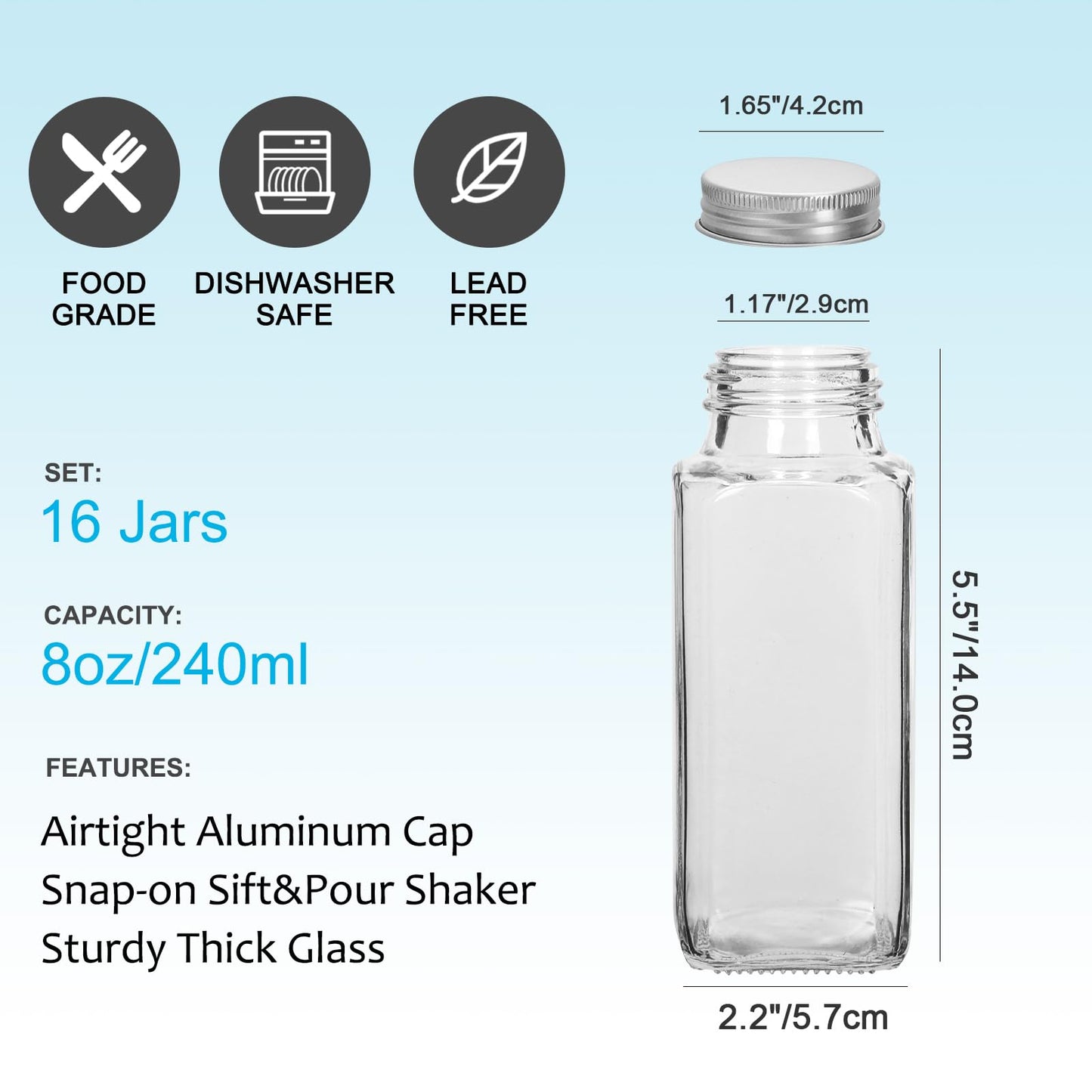 AuroTrends Spice Jars with Label 8oz 16Pcs, 8oz Glass Spice Jars with Shaker Lids 16Pack -Square Spice Containers with Waterproof Labels| Chalk Marker| Shaker Lids| Brush| Collapsible Funnel