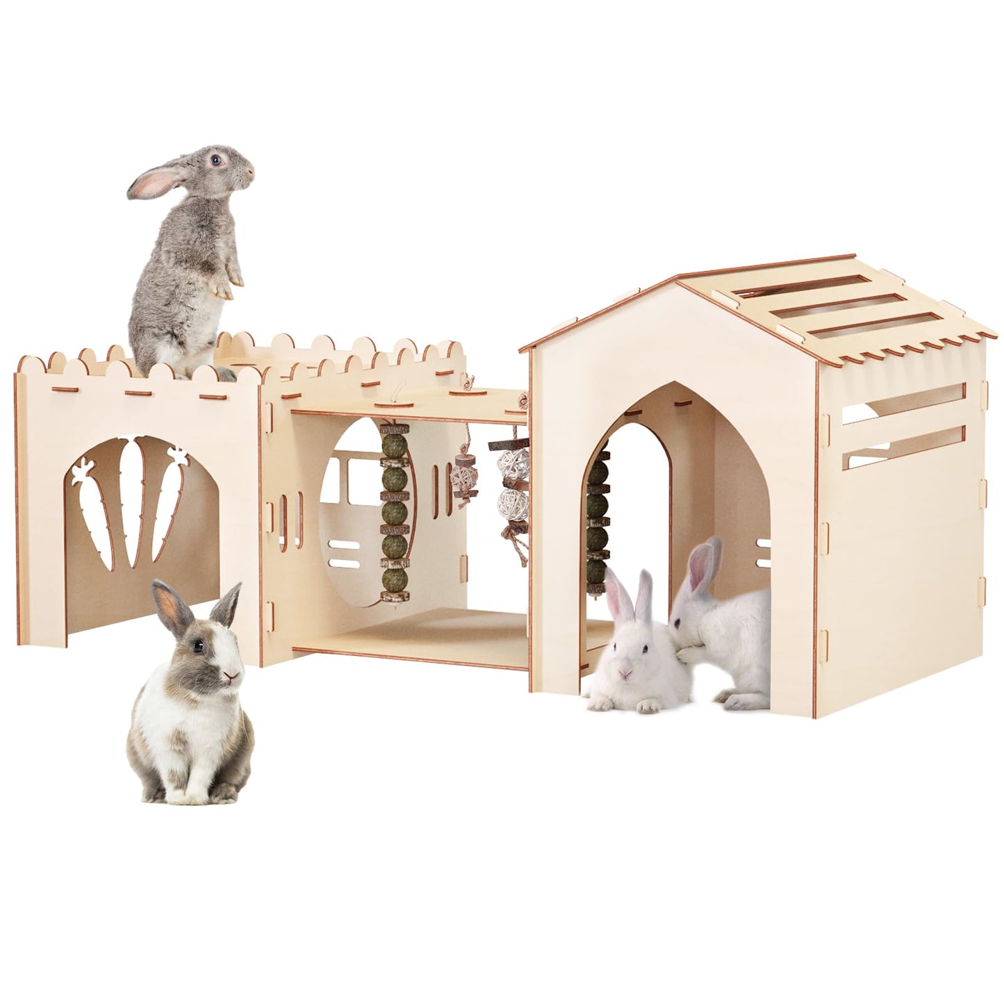 Woiworco Extra Large Rabbit Castle Hideout Bunny House with 3 Houses and Toys, Wooden Bunny Hideout Indoor Large Rabbit Hutch Play Houses and Hideouts Nut Castle Hamsters and Guinea Pigs Hut to Hide