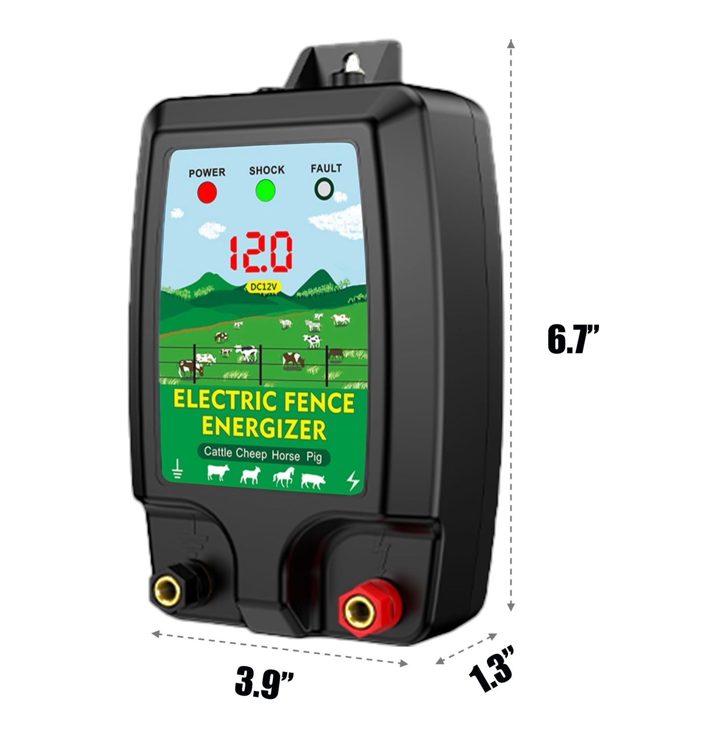 2 Joule Electric Fence Charger, 12KV Electric Fence Energizer, LED Display, AC 110V or DC 12V Power for Livestock Poultry Pets Farm Pasture Garden Ranch Orchard