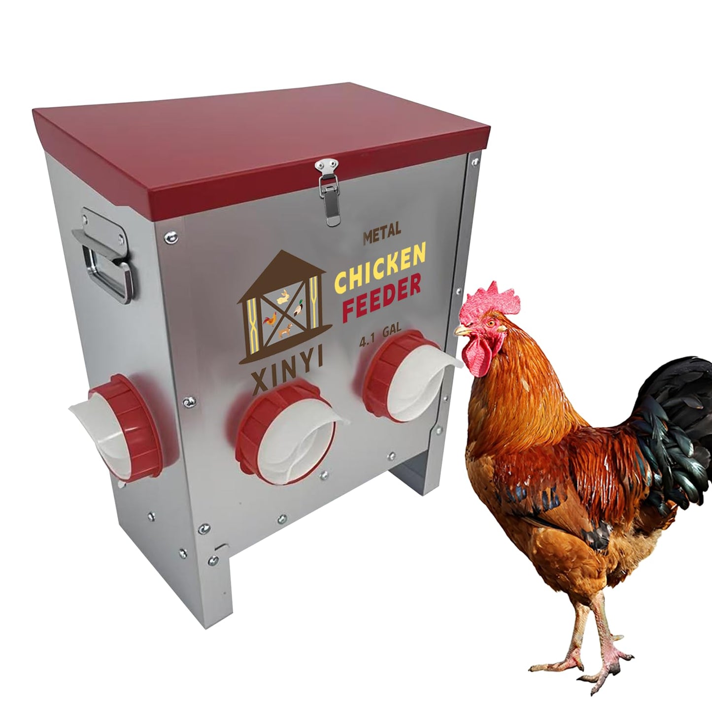 Automatic Chicken Feeder 4 Ports 25lbs Metal Poultry Pro Feeder No Waste Rodent Proof Weatherproof Chicken Food Dispenser System 4.1 Gallon