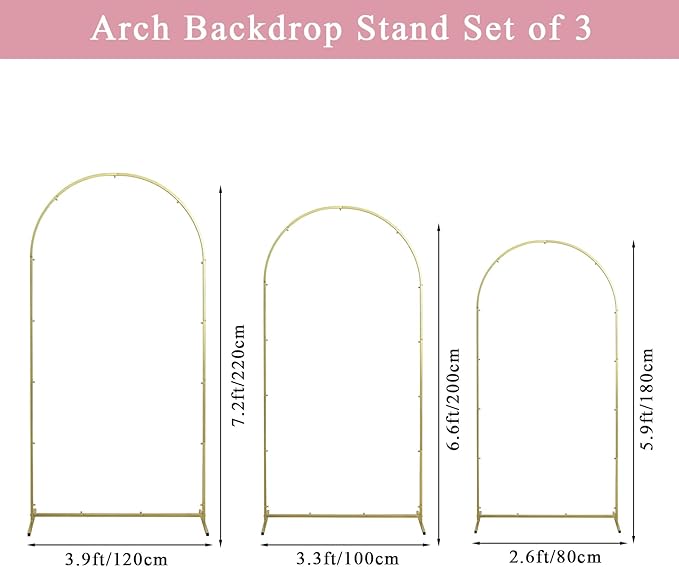 Wedding Arch Backdrop Stand, Gold Metal Arch Backdrop Stand for Wedding Baby Shower, Birthday, Anniversary, Graduation Garden Balloon Arch Decoration (Gold-5.9+6.6+7.2ft)