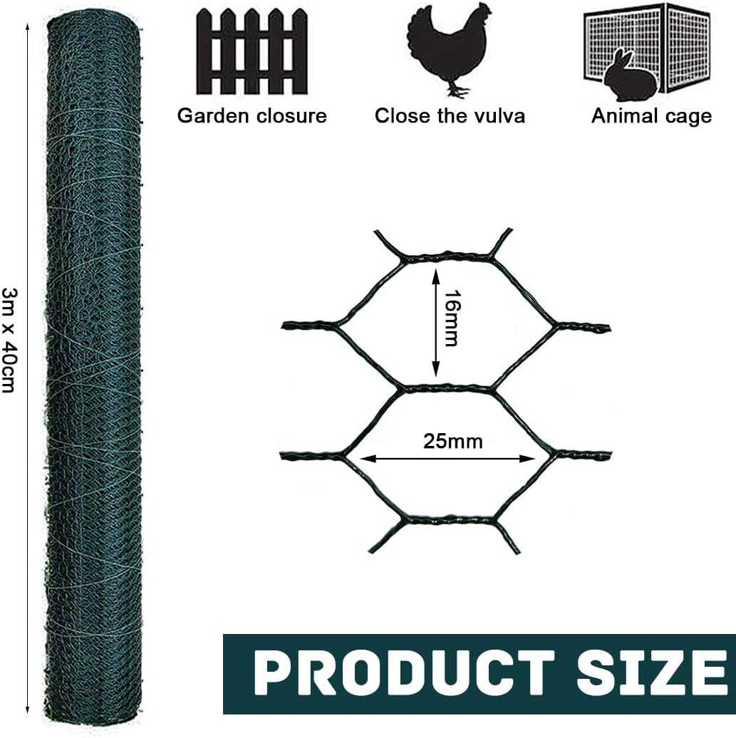 Garden Poultry Green Chicken Wire PVC Coated Hexagonal Wire Mesh Roll Animal Fence 3m x 400mm Garden Netting Fencing for Pet Rabbit Chicken with Gloves & 50Pcs Cable Ties