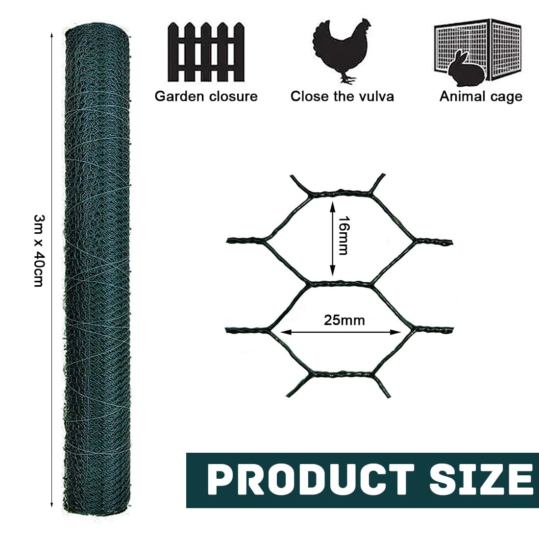 Garden Poultry Green Chicken Wire PVC Coated Hexagonal Wire Mesh Roll Animal Fence 3m x 400mm Garden Netting Fencing for Pet Rabbit Chicken with Gloves & 50Pcs Cable Ties