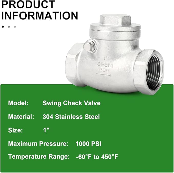 TAISHER 1PCS 304 Stainless Steel 1" Female Swing Check Valve，Backflow Prevention, One Way Check Valve CF8 WOG 1000