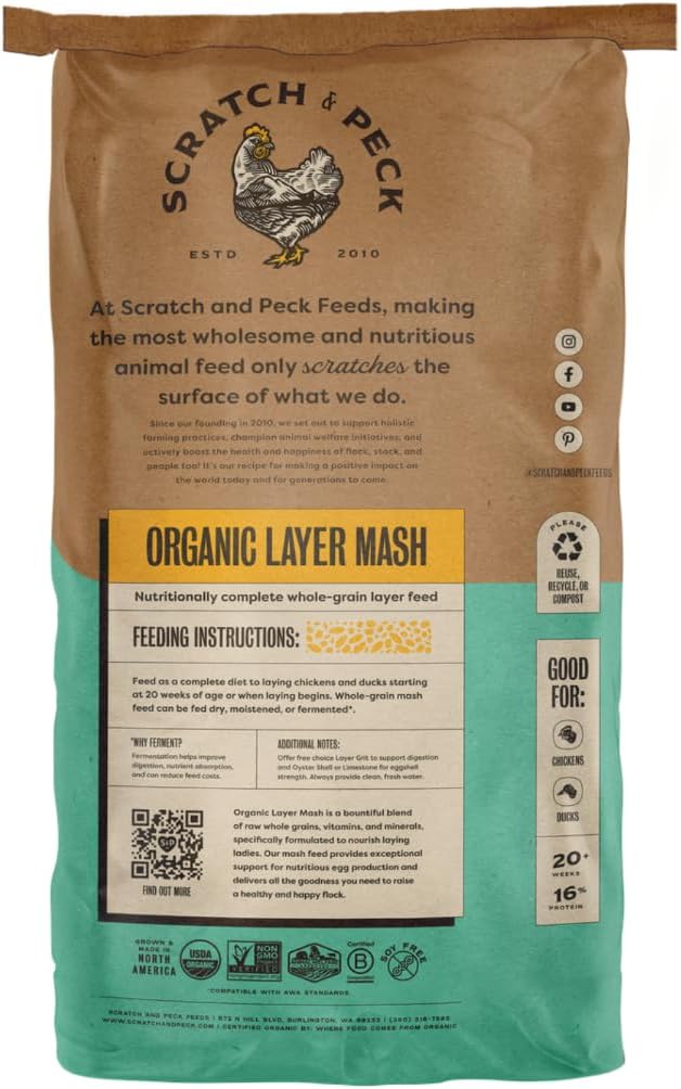 Scratch and Peck Feeds Whole Grain Layer Mash Chicken and Duck Feed - 40 lbs Bag - Corn-Free and Soy-Free - 16% Protein, Certified Organic and Non-GMO Project Verified Chicken Food
